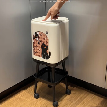 Shijanu long-legged trash can cartoon high-legged trash can kitchen large capacity bend-free belt wheel removable multi-function press with cover and wheels-kitty trash can 0l