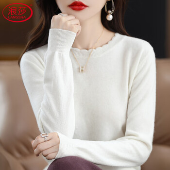 Langsha pure wool bottoming sweater casual round neck women's new autumn and winter thickened warm sweater long-sleeved loose knitwear ivory white 3xl
