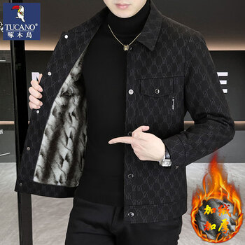 Woodpecker jacket men's spring, autumn and winter thickened new fashion classic cotton casual jacket large size jacket trendy top black velvet style 2xl (135-150 catties)