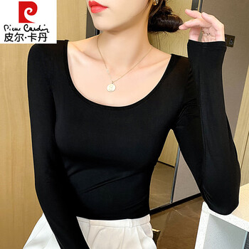 Pierre cardin black round neck top women's long sleeve spring and autumn new slim fit stretch u-neck bottoming shirt modal solid color t-shirt black round neck long sleeve s