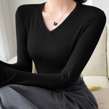 Women's solid color v-neck long-sleeved t-shirt for women, pure sexy hottie style tight-fitting t-shirt for spring, versatile and slim, slimming bottoming shirt, white l