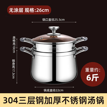 Zwilling household steamer made of 304 stainless steel, thickened double-ear pot, large capacity, multi-functional gas suitable, soup pot + steaming grid (suitable for 4-6 people) 26cm