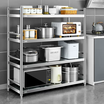 Yusenyi 304 stainless steel storage rack storage shelf floor-standing multi-layer thickened kitchen storage pot type with fence microwave (304 extra thick) width 35 length 120 height 1354 layer fence model