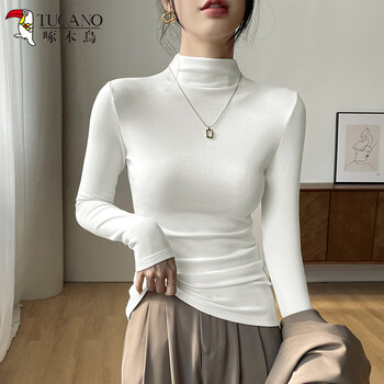 Woodpecker half-high collar double-sided german velvet bottoming shirt for women in autumn and winter with velvet thickened long-sleeved slim top, white xl