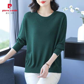 Pierre cardin middle-aged round neck sweater for women 2025 new autumn and winter bottoming shirt with temperament solid color hot diamond top soft inner wear dark green l 100kg-115kg