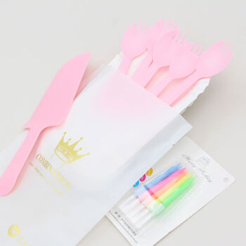 Sai lotto birthday fork plate candle paper plate colorful fork and spoon set combination four-in-one fork and plate tableware 5 pink forks 5 long plate pink candle 100 sets