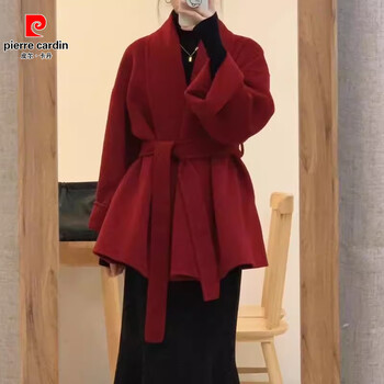 Pierre cardin red festive short double-sided cashmere woolen coat for women 2025 winter new high-end small woolen coat red l