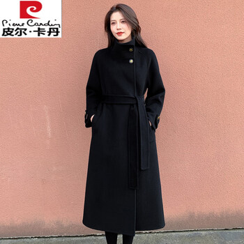 Pierre cardin black stand collar double-sided cashmere coat women's mid-length korean hepburn style lace-up wool wool coat black s