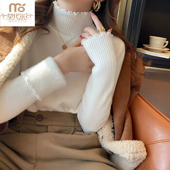 Modal half turtleneck plus velvet thickened knitted sweater for women in autumn and winter slim fit fungus edge one-piece velvet warm top base layer white m