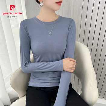 Pierre cardin modal t-shirt women's long sleeve spring, autumn and winter new style bottoming shirt, western slim fit, thin top, haze blue s 80-95 jin