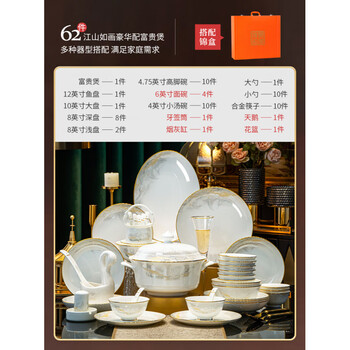Fat donglai's same style ceramic bowls and plates set 2025 new household light luxury high-value jingdezhen tableware dishes gift brocade boxed jiangshan picturesque 62 pieces luxury with rich pot