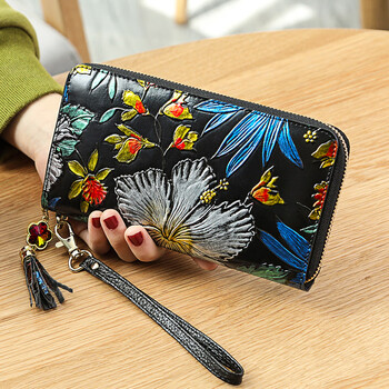 Banyanu 2025 new women's wallet women's long style personalized painted large capacity cowhide zipper women's clutch wallet trendy gold leaf-anti-theft brush