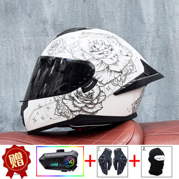 Lvs motorcycle helmet for men and women bluetooth full-face helmet dual lens motorcycle sports car party race new national standard 3c certification a1 blooming tea mirror + bluetooth l