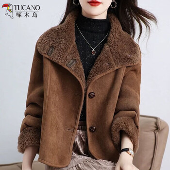 Woodpecker pellet sheep velvet women's fashion short style 2025 autumn and winter new small lamb fur one-piece coat olive dark brown xl recommended 120-135 catties