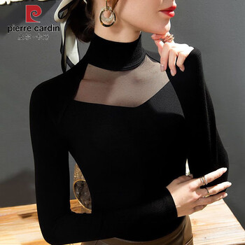 Pierre cardin non-velvet/velvet semi-high collar hollow splicing bottoming shirt top with western style long-sleeved new style 2025 new style black silver fox velvet thickened s 85-96 catties