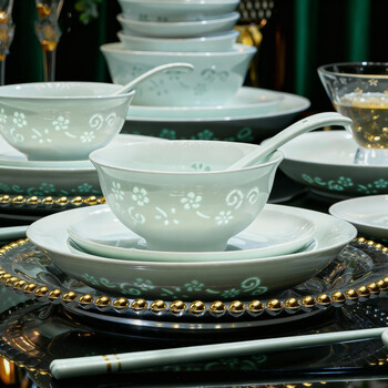 Lowe underglaze color high-end celadon exquisite tableware set jingdezhen high white clay ceramic chinese bowl and plate set for home use