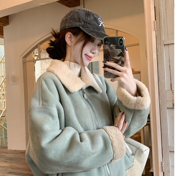 Miao yijia imitation lamb wool coat for women autumn and winter women's small fragrant style coat top jacket plus velvet coat warm cotton coat xiaoxiangfeng short imitation lamb wool coat light blue s (recommended 80-100 pounds)