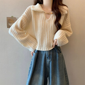 Ac-aichen international big-name doll collar white short sweater for women in autumn and winter knitted bottoming sweater v-neck design millet white spring clothing for women 2024 new style/spring/early spring/spring autumn/spring s