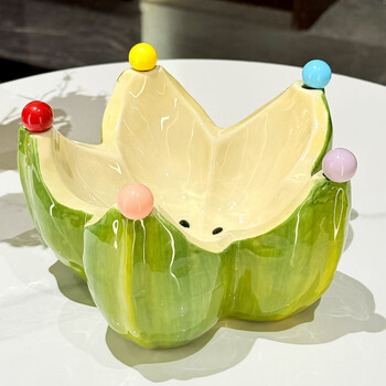 Bsd creative ceramic fruit plate ornaments carambola fruit plate living room coffee table stainless steel fruit fork set fruit plate ornaments cute carambola fruit plate with fork set (green)