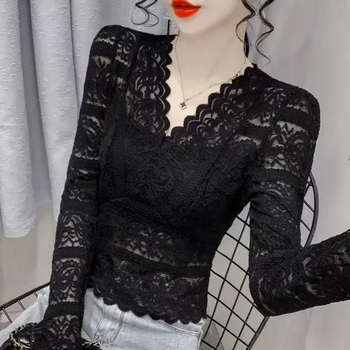 Modal french v-neck lace bottoming shirt for women 2026 early autumn new style temperament slim shirt long-sleeved top black s