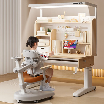 Junkis middle school and high school student study table and chair set with light, liftable solid wood 2025 study table for primary school students to write at home ultra coffee 5cm / wide area natural light + all-round chair