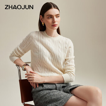 Zhaojun autumn and winter red solid color cable cashmere sweater women's round neck thick knitted sweater cloud white m