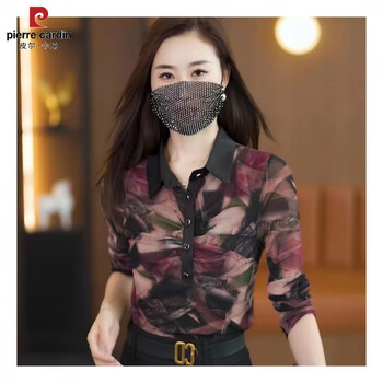 Pierre cardin 2026 winter warm lace women's bottoming shirt new top with velvet and thickened high-end western style lapel shirt purple without velvet m 80kg-95kg