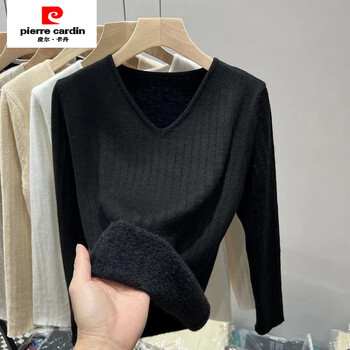 Pierre cardin v-neck all-in-one velvet bottoming shirt for women autumn and winter low-neck velvet thickened sweater warm elastic inner sweater top black s 70-80 catties