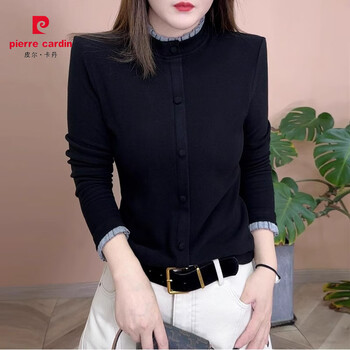 Pierre cardin 2025 new style fashionable stand-up collar long-sleeved t-shirt women's slim and versatile bottoming shirt top mother's wear black m