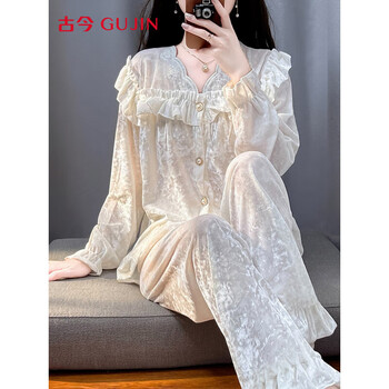 Ancient and modern (gujin) gold velvet french long-sleeved pajamas for women spring and autumn new pajamas home clothes princess style can be worn outside two-piece set l