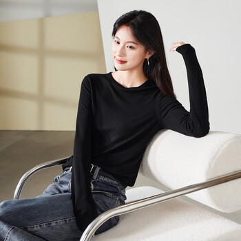 Sophie silk tencel wool soft round neck long sleeve bottoming shirt women's 2025 autumn casual solid color t-shirt top black s