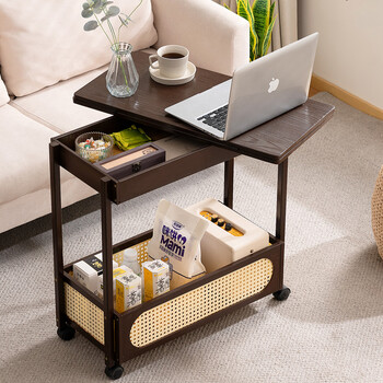 Trojan movable side table coffee table medieval small table sofa side cabinet small apartment folding cart storage rack solid wood living room foldable desktop movable side table - walnut color (3.6 million universal rollers)