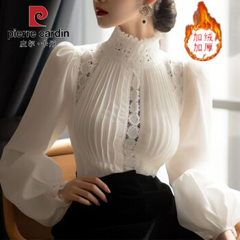 Pierre cardin half turtle collar plus velvet long sleeves 2025 new lace white shirt design western french top chic small shirt for women white 1 full body sleeves plus velvet l 106-120 jin