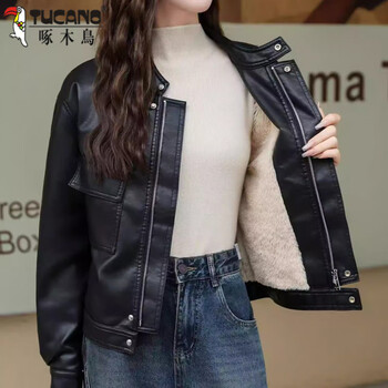 Woodpecker stand collar motorcycle jacket for women 2025 autumn and winter fashionable and versatile age-reducing and western style plus velvet thickened leather jacket for women versatile warm black plus velvet l 100-110 jin