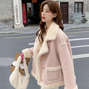 Fshe small fragrant style jacket for women 2025 new winter short pink fur all-in-one korean style small thickened cotton coat for women pink m