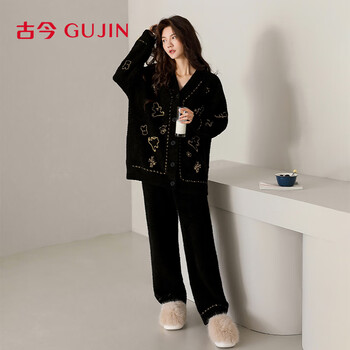 Gujin half-velvet autumn and winter new long-sleeved pajamas, women's home clothes, sweater pajamas, can be worn outside, plus velvet thick cardigan suit