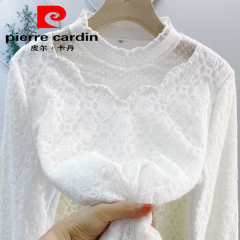 Pierre cardin lace gauze beaded round neck plus velvet shirt small fragrance loose slimming cover the flesh to reduce age outer shirt base layer white without velvet l 80-90 pounds