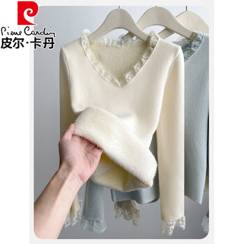 Pierre cardin (pierre cardin) v-neck lace knitted bottoming shirt for women with velvet and thickened one-piece velvet inner wear new autumn and winter style long-sleeved top winter beige color high quality thickened s recommended 75--95 pounds