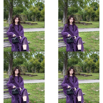 Miss right korean large size purple woolen coat for women autumn and winter 2025 new tassel scarf shawl slimming coat dark violet coat s recommended 85-100 pounds