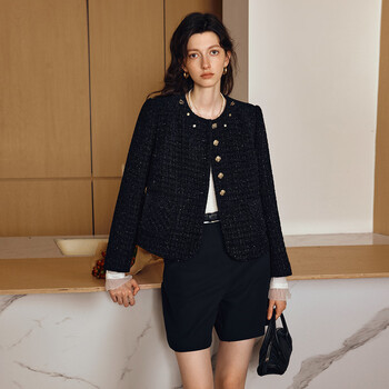 Olrain ou ruier small fragrant style straight short coat autumn and winter women's bright silk high-end commuting clothes black l