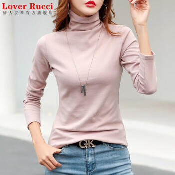 Lover rucci thickened pure cotton pile collar bottoming shirt for women, autumn and winter new slim long-sleeved t-shirt, slim turtleneck top, trendy leather pink 2xl
