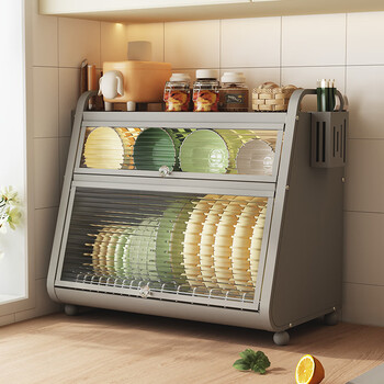 He jiagong cupboard kitchen dishes rack household countertop multi-layer drainage dishes and tableware storage box with cover gun ash - three layers extended 52cm cupboard + drainage tray + knife rest + chopsticks