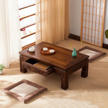 He jiagong antique tatami coffee table solid wood bay window table kang table old elm kang table japanese-style low table household simple small table old elm walnut color 120*60*30cm fully furnished