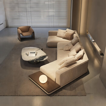 Secret world fabric sofa nordic style horizon sofa italian minimalist style living room villa special-shaped corner cotton and linen 3.85 meters special-shaped corner sofa <with side table) combination