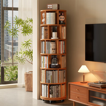 Small craftsman solid wood rotating bookshelf storage rack vertical floor-to-ceiling all-in-one wall-mounted movable bookshelf multi-layer storage rack six layers