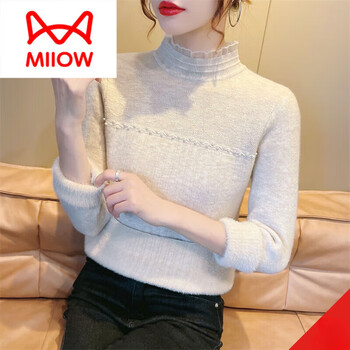 Miiow spring and autumn new sweet bottoming shirt women's sweater half turtle collar slim fit lace inner sweater top apricot winter s