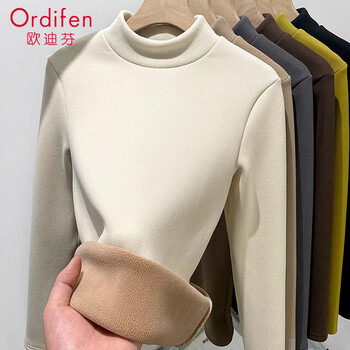 Oudifen half turtleneck bottoming shirt plus velvet warm top for women in autumn and winter with long sleeves and can be worn outside, western style slim large size single piece