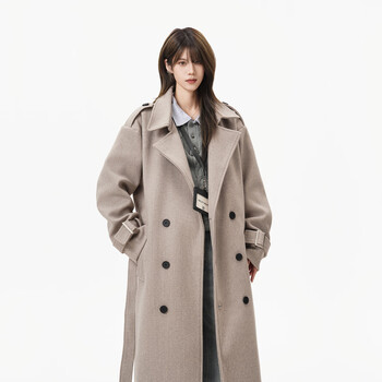 Qgf british style double-breasted woolen coat for women and men in winter new korean high-end thickened mid-length windbreaker jacket oatmeal color high quality m recommended 90-110 pounds