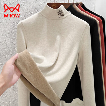 Miiow sheep, wool silkworm, silk bottoming shirt women's 2025 autumn and winter new women's clothes inside thermal warm turtleneck top plus velvet plus coconut milk apricot sheep y hair + silkworm. silk + hair. thermal warmth m