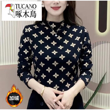 Woodpecker (tucano) half turtleneck plus velvet printed bottoming shirt, autumn and winter new style, fashionable, stretchy, slim and versatile top, four-leaf flower xl (recommended 85-110 pounds)